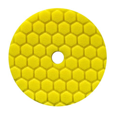 Chemical Guys Hex-Logic Quantum Yellow cutting pad on backing plate for heavy defect removal