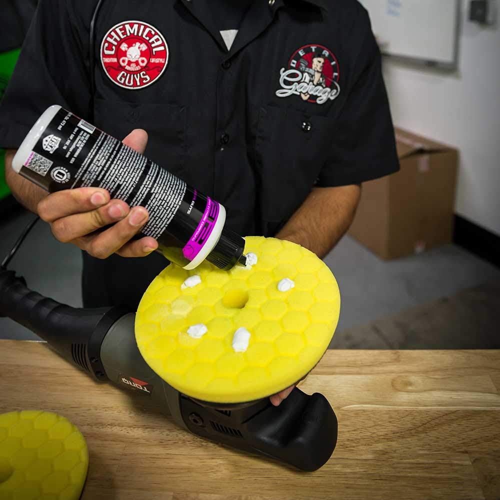 Chemical Guys Quantum Yellow pad closeup showing vent holes for heat control