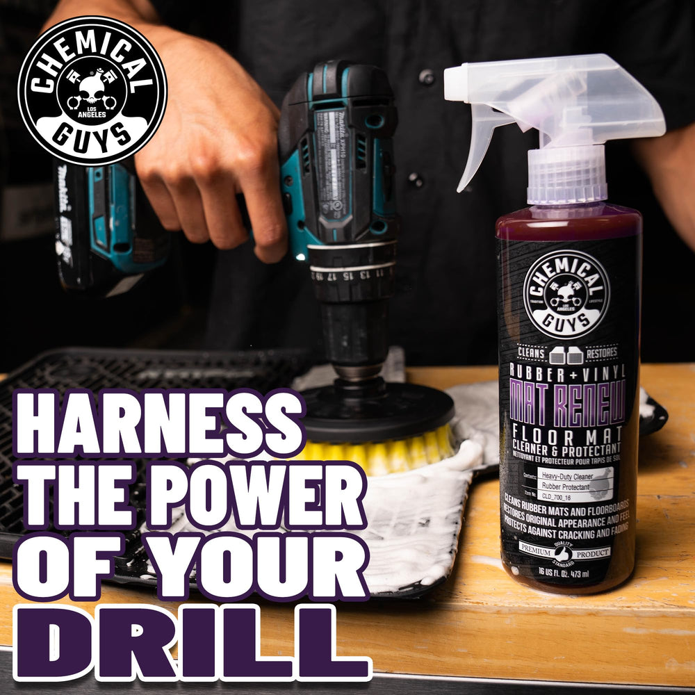 Chemical Guys drill brush attachment powers deep cleaning on mats