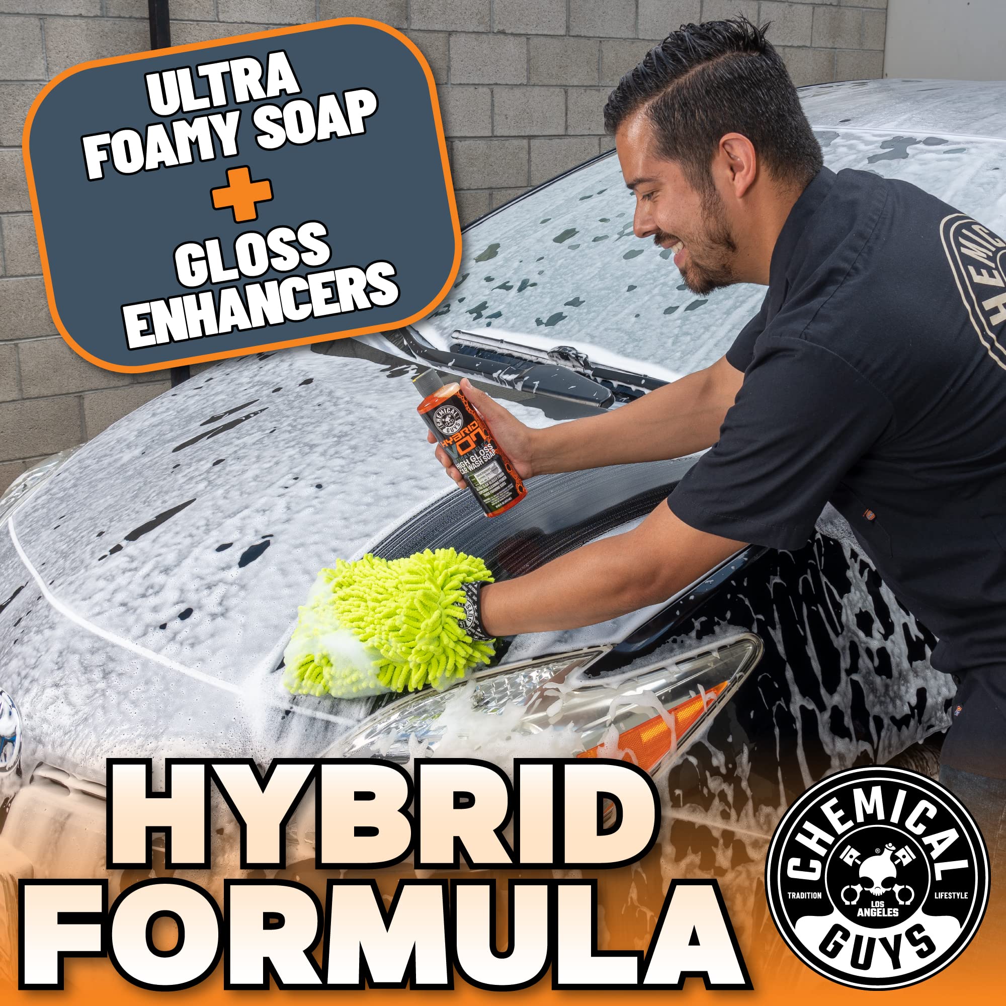 Chemical Guys Hybrid Foaming High Gloss Wash foam cannon setup shows thick foam coverage