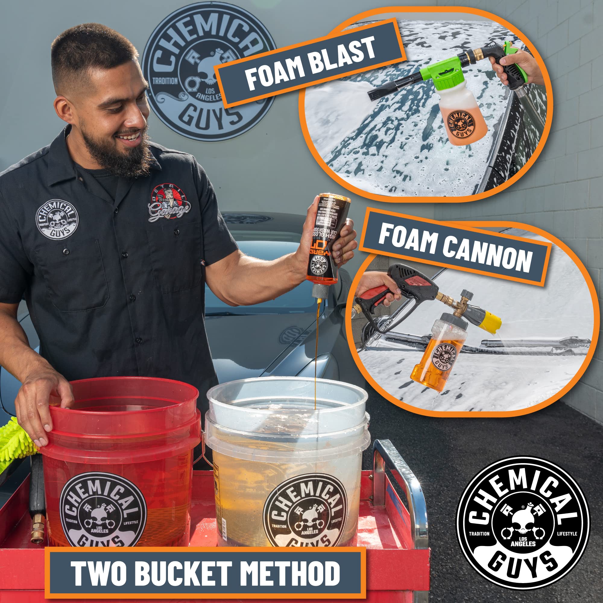 Chemical Guys Hybrid Foaming High Gloss Wash two-bucket method demonstrates safe washing