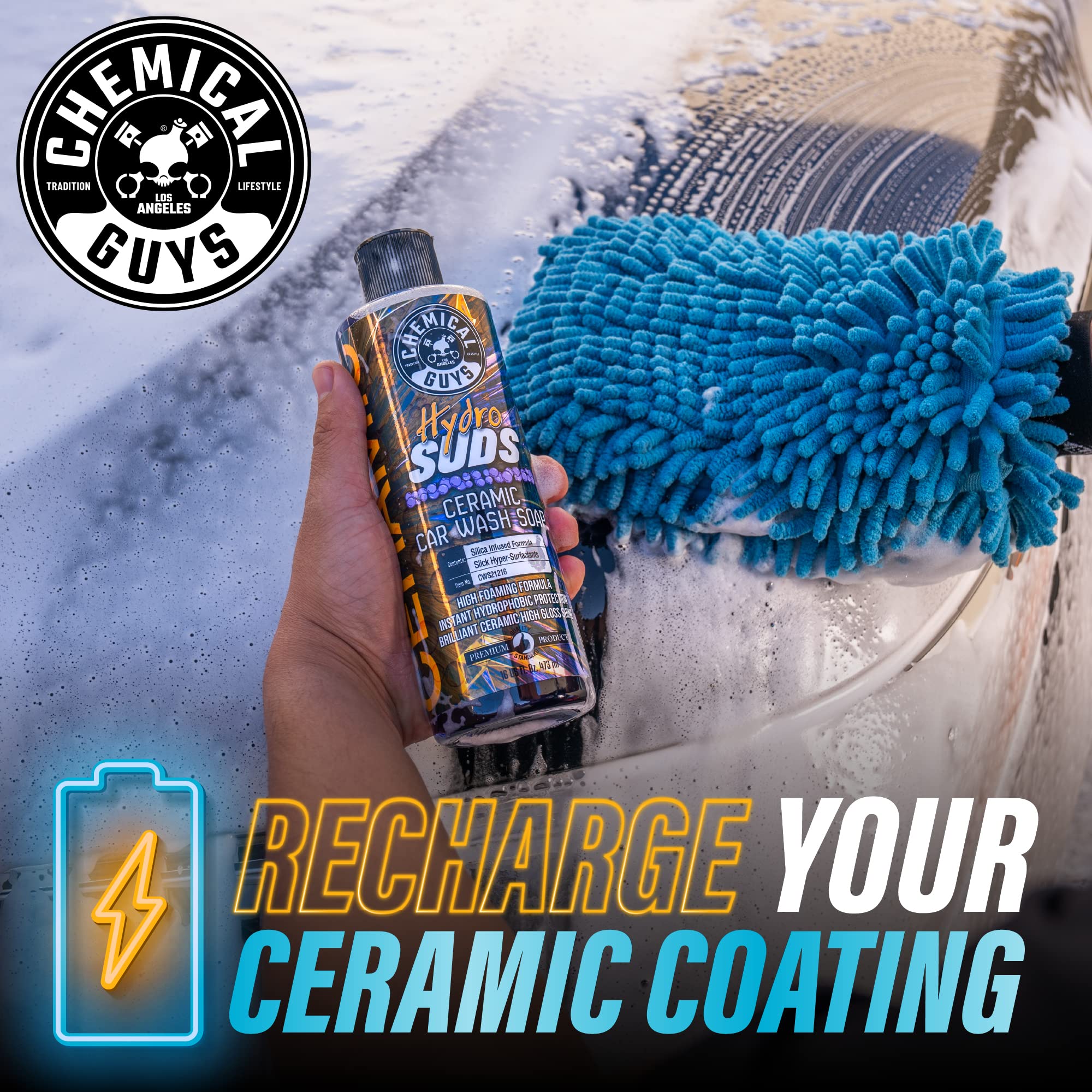 Chemical Guys HydroSuds hose foam gun application creates clingy suds for easy cleaning.