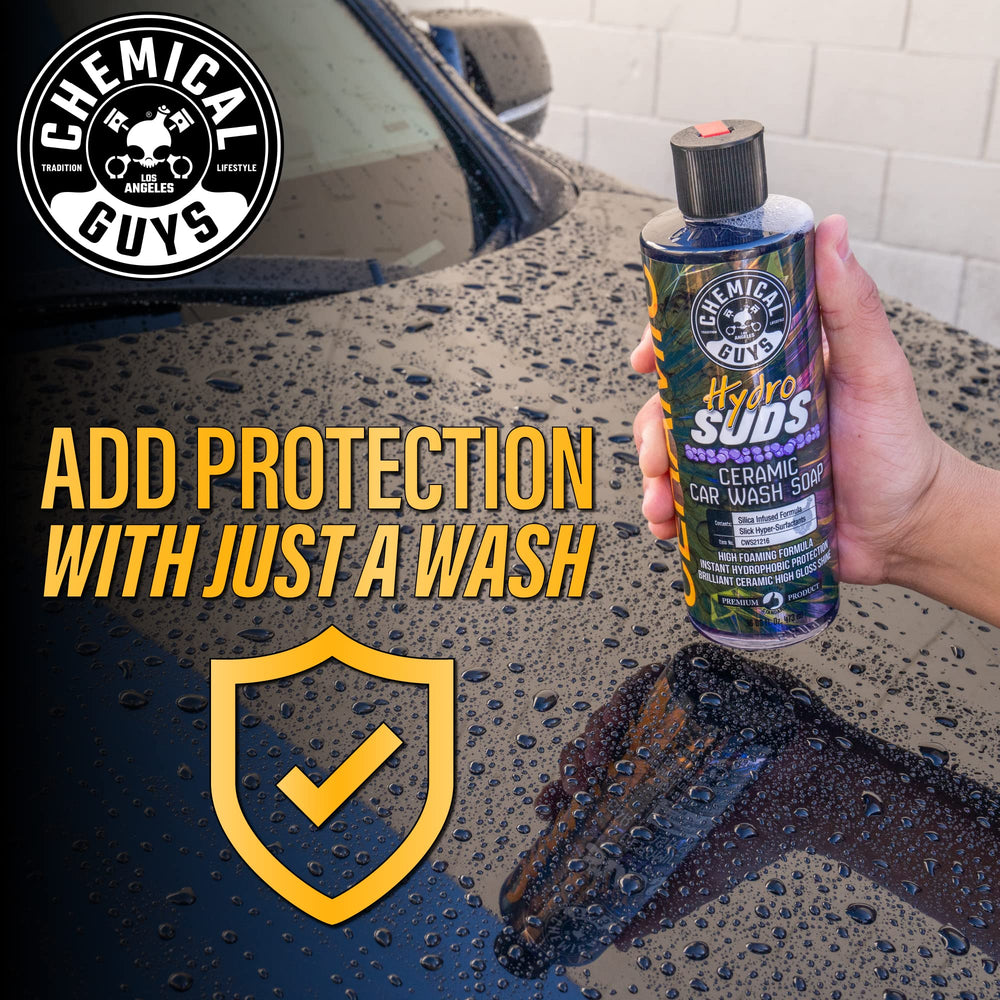 Chemical Guys HydroSuds thick foam clings to panels, reducing swirl risk.
