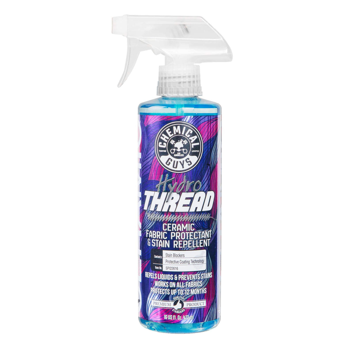 Chemical Guys HydroThread application guide demonstrates even coating for durable fabric protection.