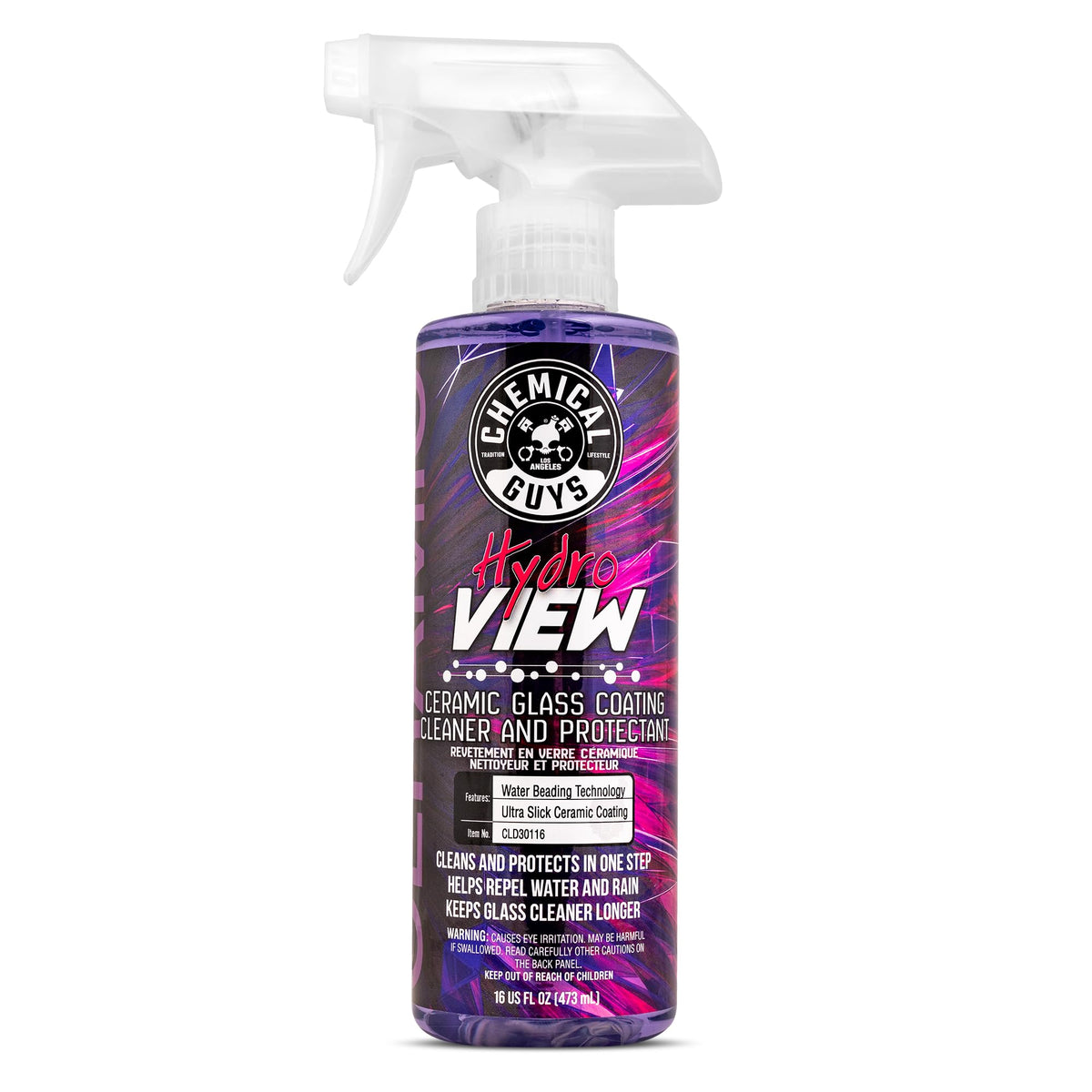 Chemical Guys HydroView spray bottle applying cleaner for quick glass protection.