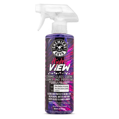 Chemical Guys HydroView spray bottle applying cleaner for quick glass protection.
