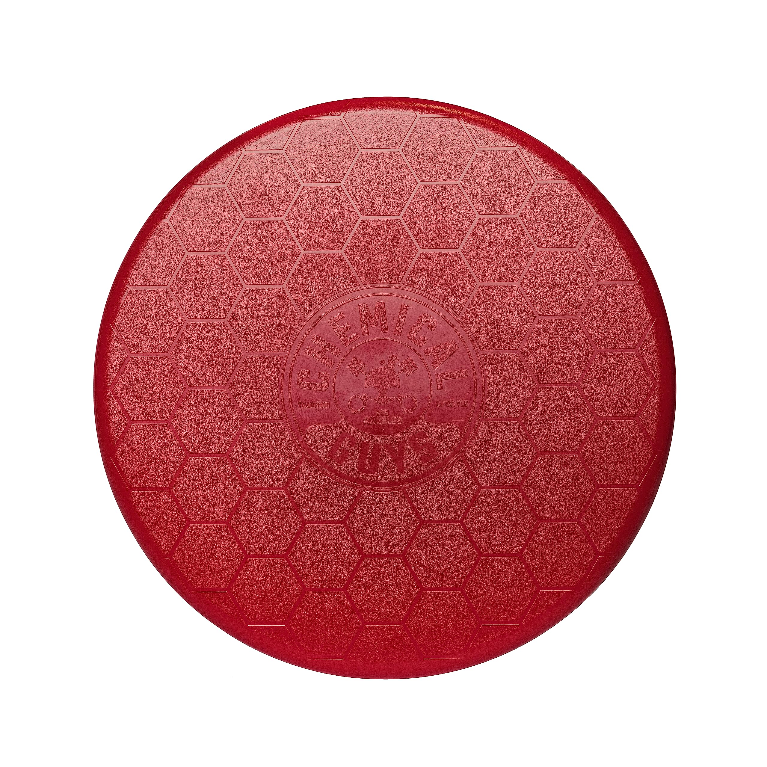 Chemical Guys IAI518 red bucket lid on a bucket used as a seat for detailing tasks.