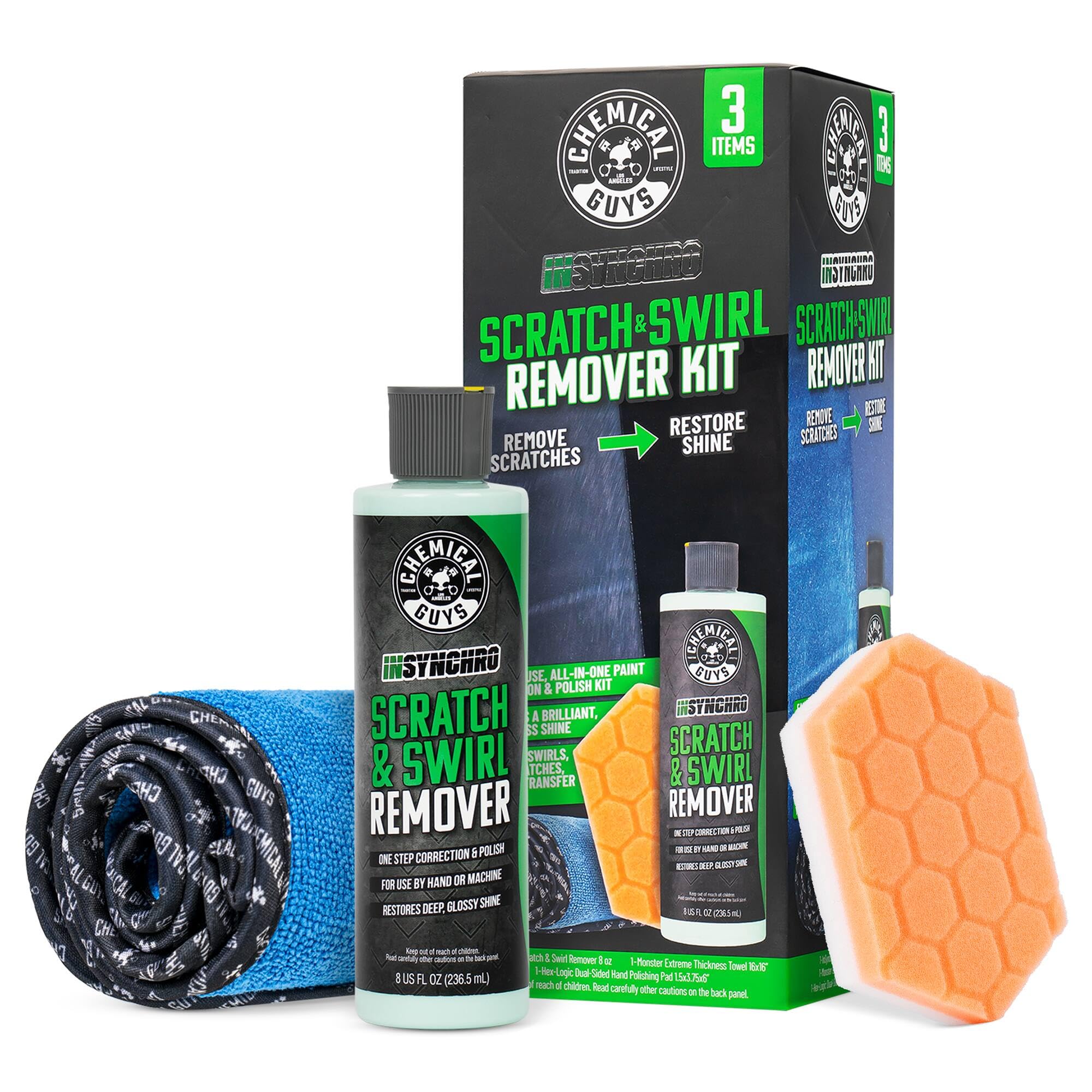 Chemical Guys Insynchro Scratch and Swirl Remover kit demonstrates hand correction for pristine paint.