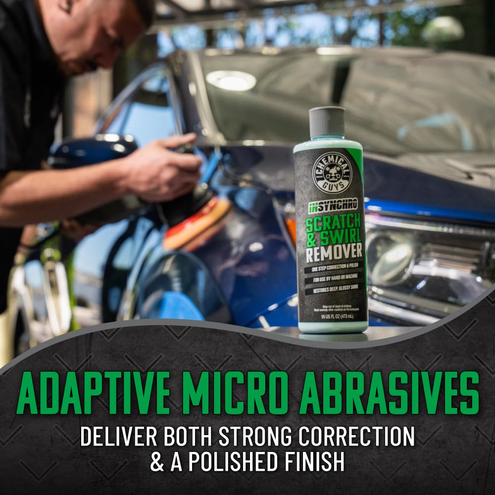 Chemical Guys Insynchro hand application on car panel; versatile correction.