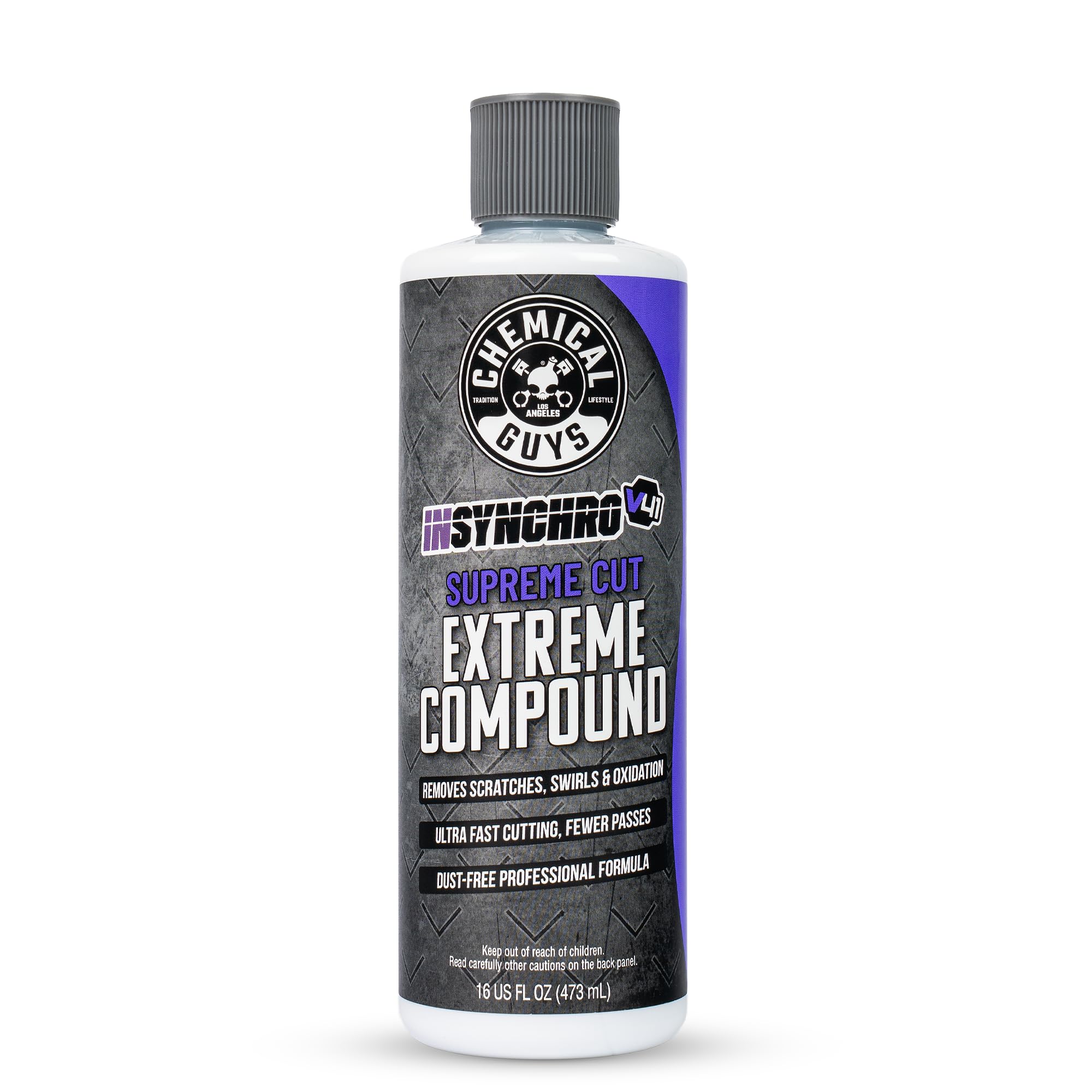 Chemical Guys Insynchro Supreme Extreme Compound bottle pour demonstrates powerful cutting for deep corrections.