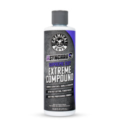 Chemical Guys Insynchro Supreme Extreme Compound bottle pour demonstrates powerful cutting for deep corrections.