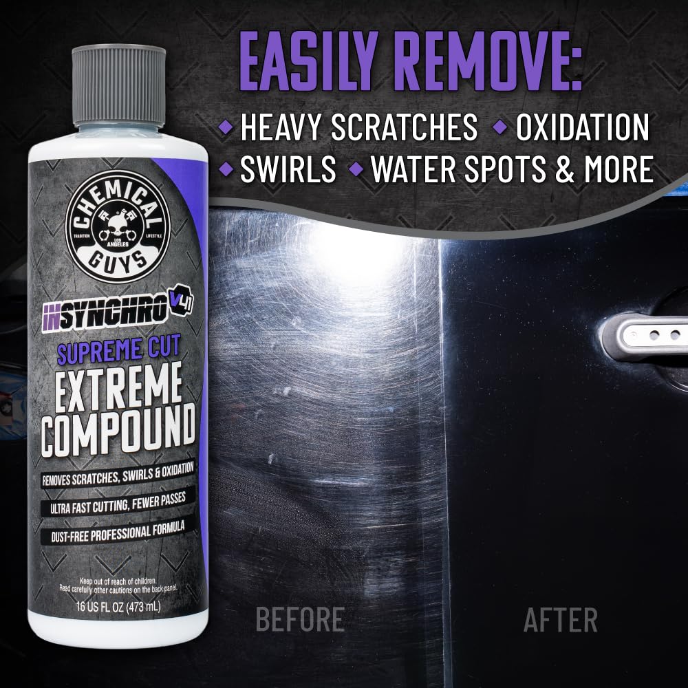 Chemical Guys Insynchro Supreme Extreme Compound label closeup highlights premium formulation and brand credibility.