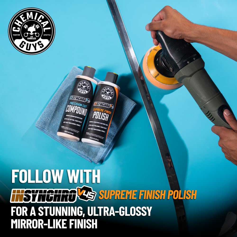 In-use with a dual-action polisher applying InSynchro V43 on a car door