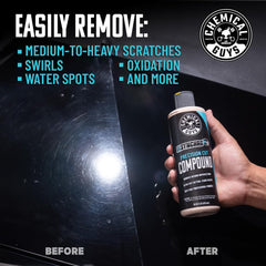 Chemical Guys InSynchro V43 label close-up highlighting the heavy-cut formulation