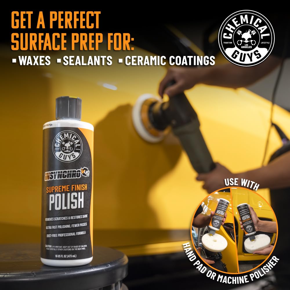 Chemical Guys InSynchro V45 Polish showroom gloss view highlights deep, mirror-like shine.