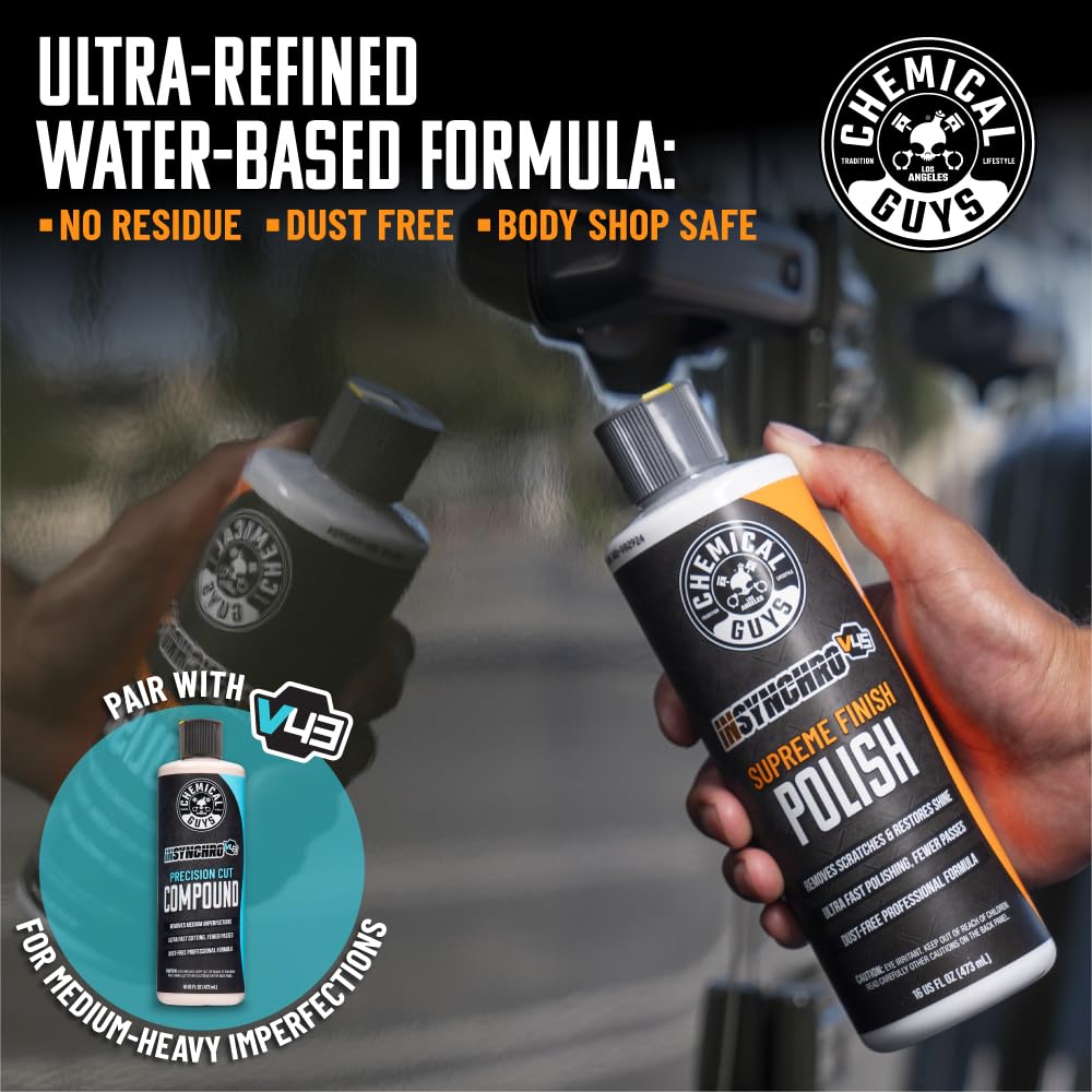 Chemical Guys InSynchro V45 Polish swirl removal detail shows smooth finishing pass.