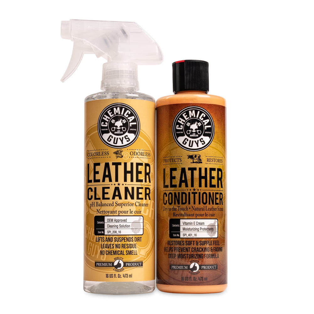 Chemical Guys Leather Cleaner bottle front shows a safe cleaning formula.
