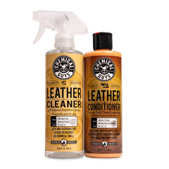 Chemical Guys Leather Cleaner bottle front shows a safe cleaning formula.