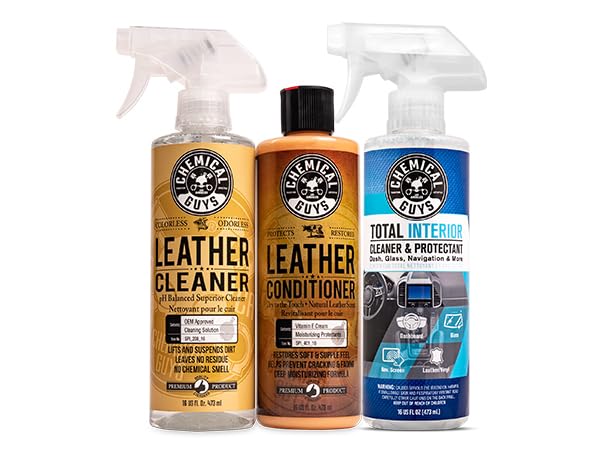 Chemical Guys Leather Cleaner bottle for deep-cleaning leather pores and oils