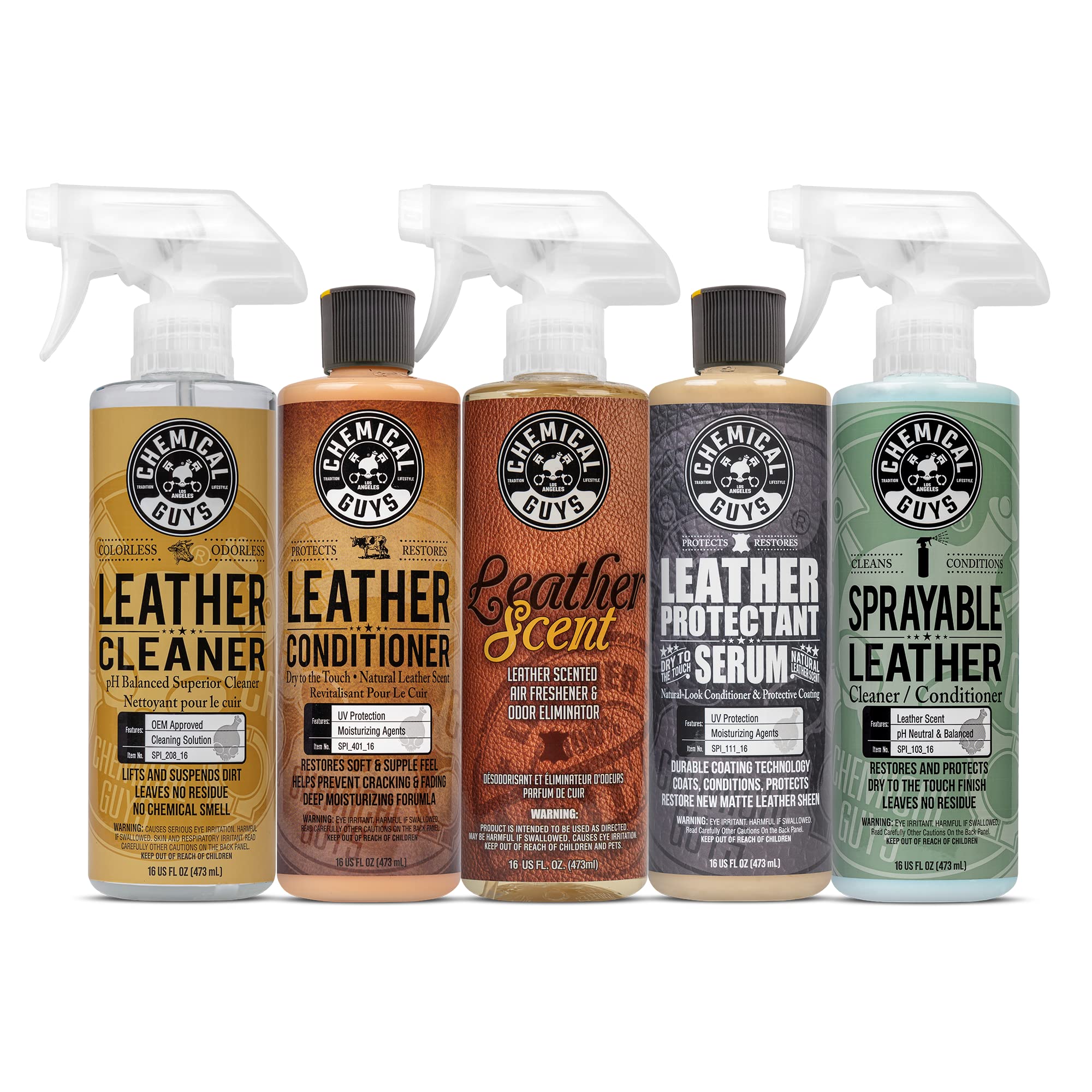 Packaging close-up of Chemical Guys Leather Lovers Kit showing all five products