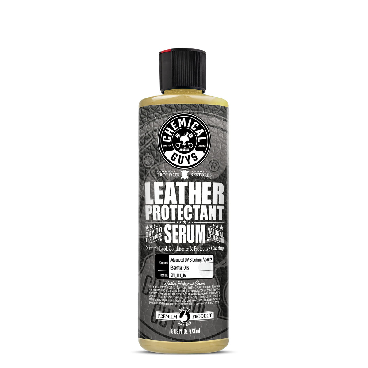 Chemical Guys Leather Protectant Serum bottle closeup protects leather surfaces