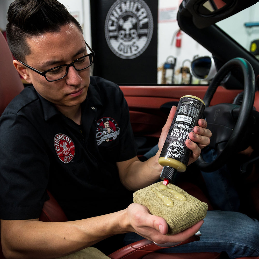 Chemical Guys Leather Protectant Serum on dash and panels guards against wear