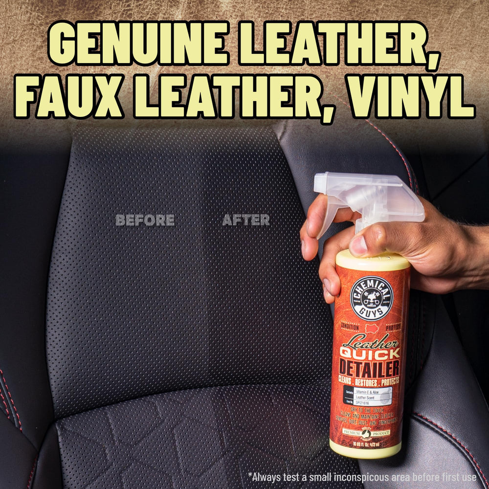 Chemical Guys Leather Quick Detailer synthetic-pleather works on vinyl and faux leather.
