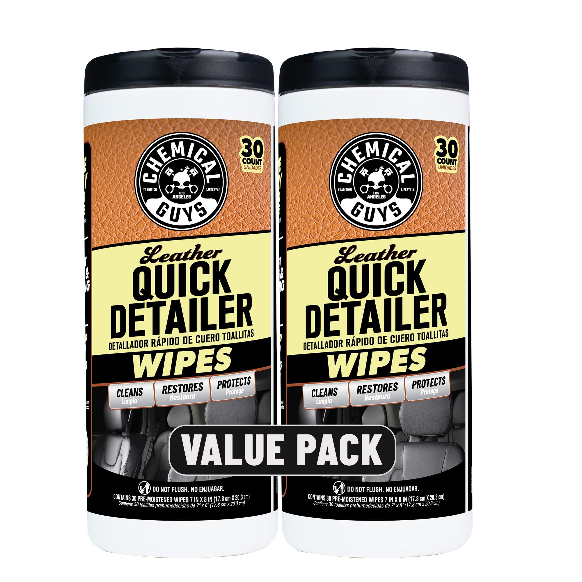 Chemical Guys Leather Quick Detailer Wipes canister for easy on-the-go touch-ups