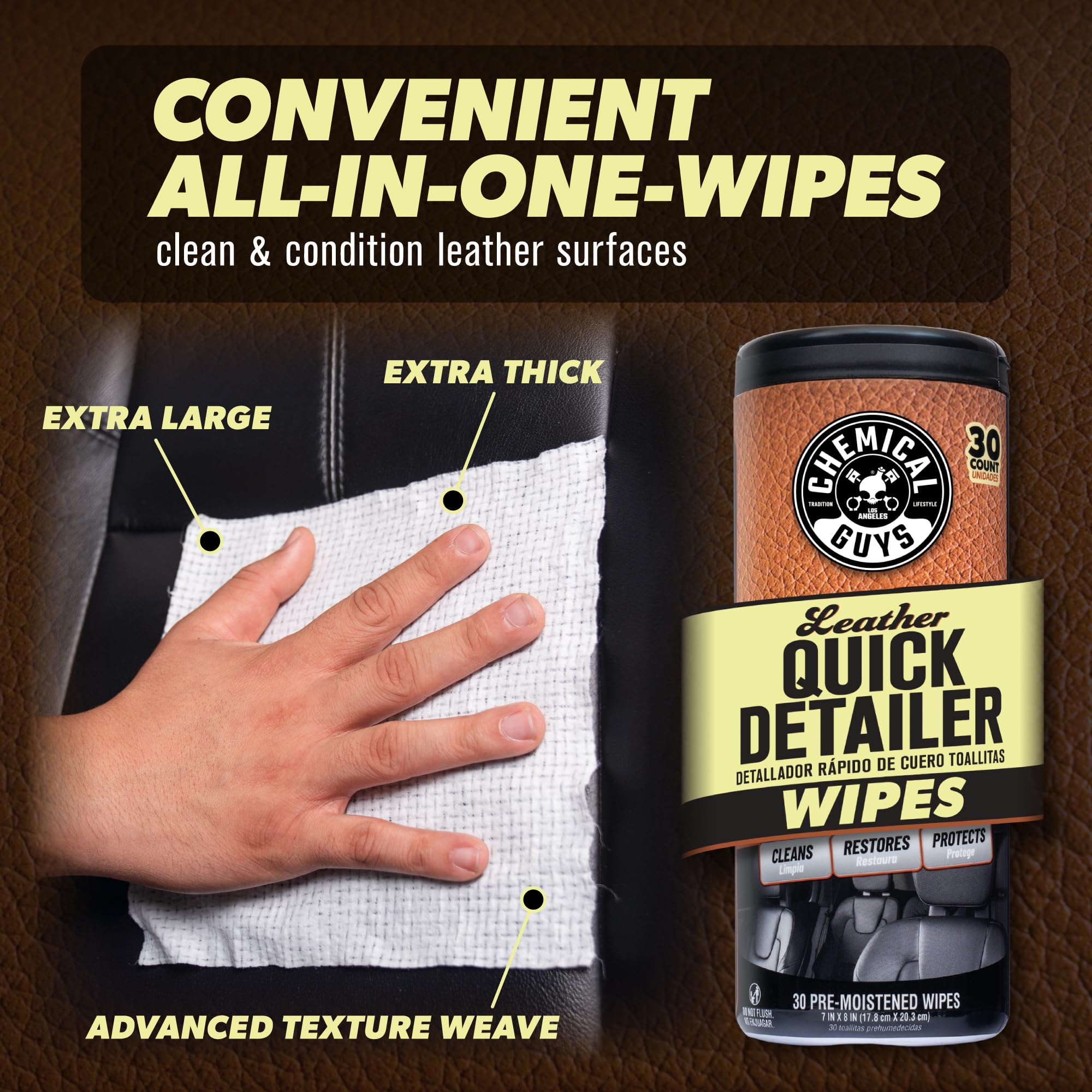 Chemical Guys Leather Quick Detailer Wipes close-up with pre-moistened formula