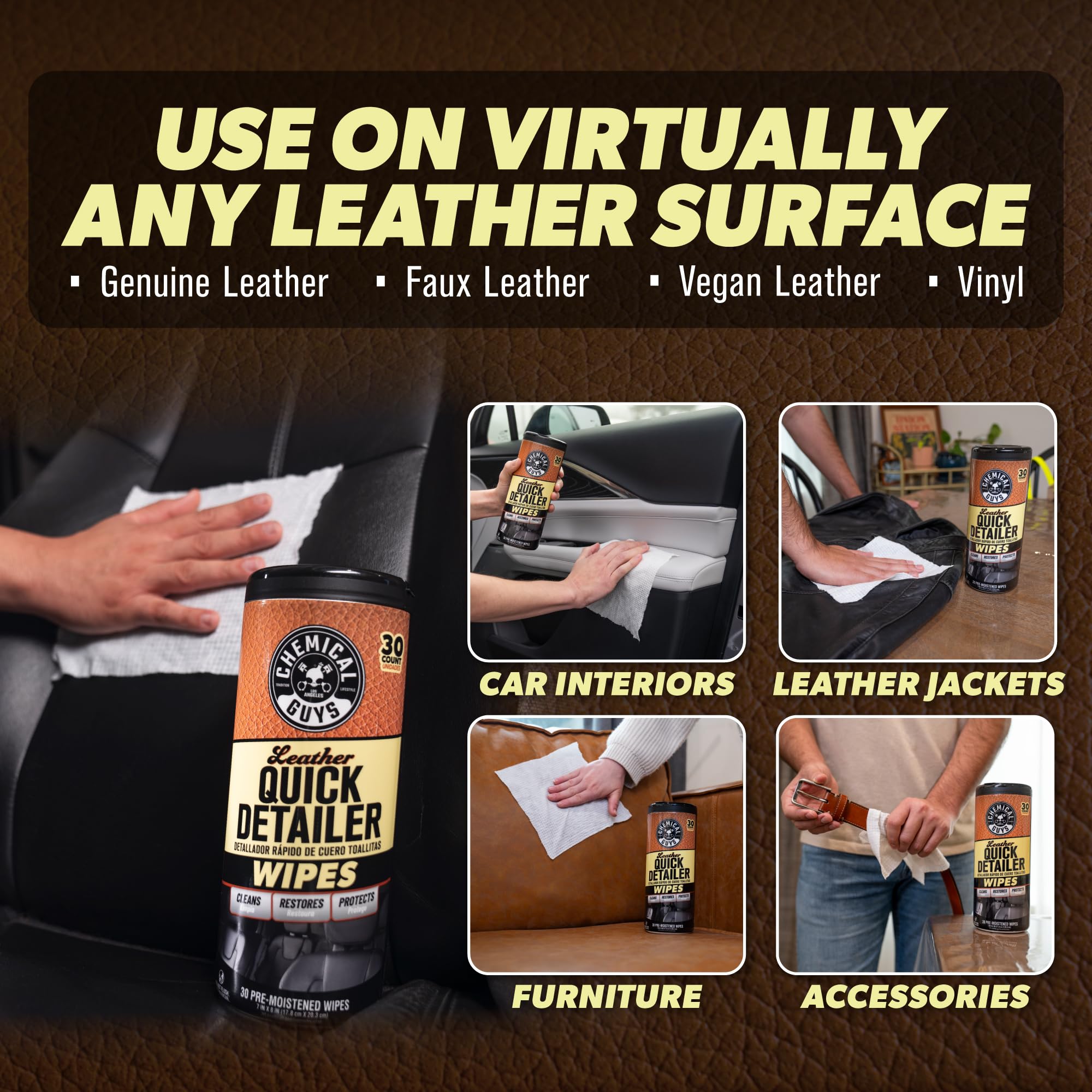 Chemical Guys Leather Quick Detailer Wipes on leather seat surface conditioning