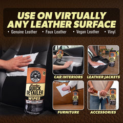 Chemical Guys Leather Quick Detailer Wipes on leather seat surface conditioning