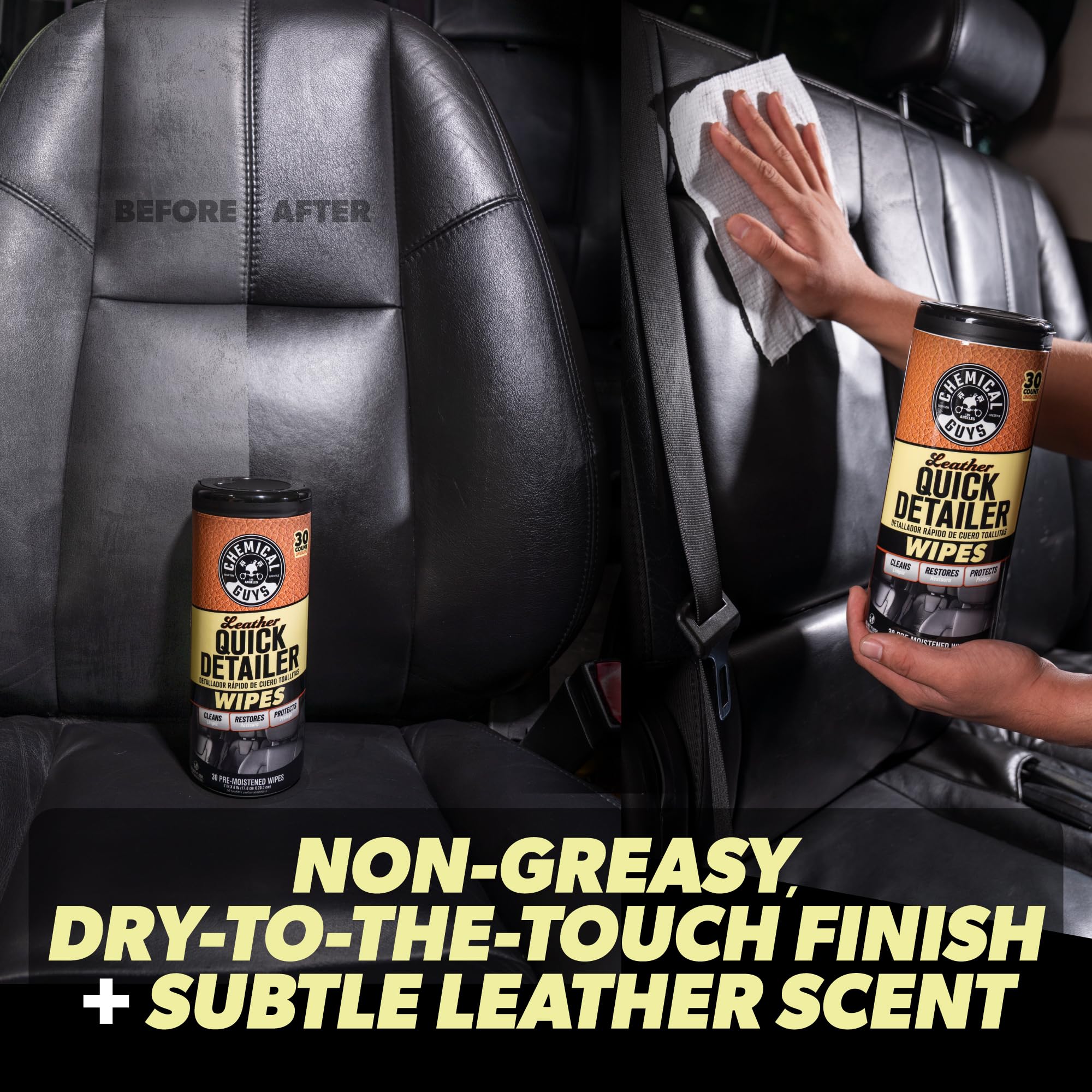 Chemical Guys Leather Quick Detailer Wipes canister stored in glove compartment