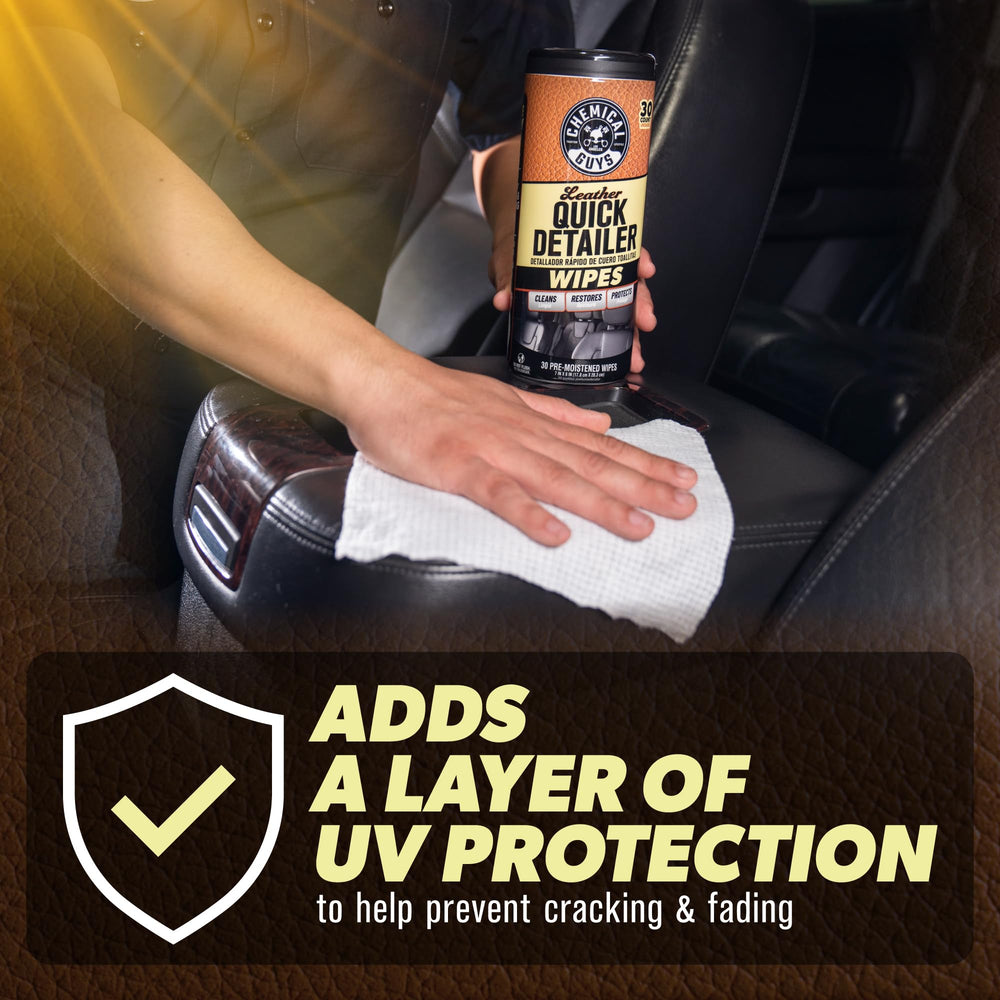 Chemical Guys Leather Quick Detailer Wipes used on steering wheel for soft leather