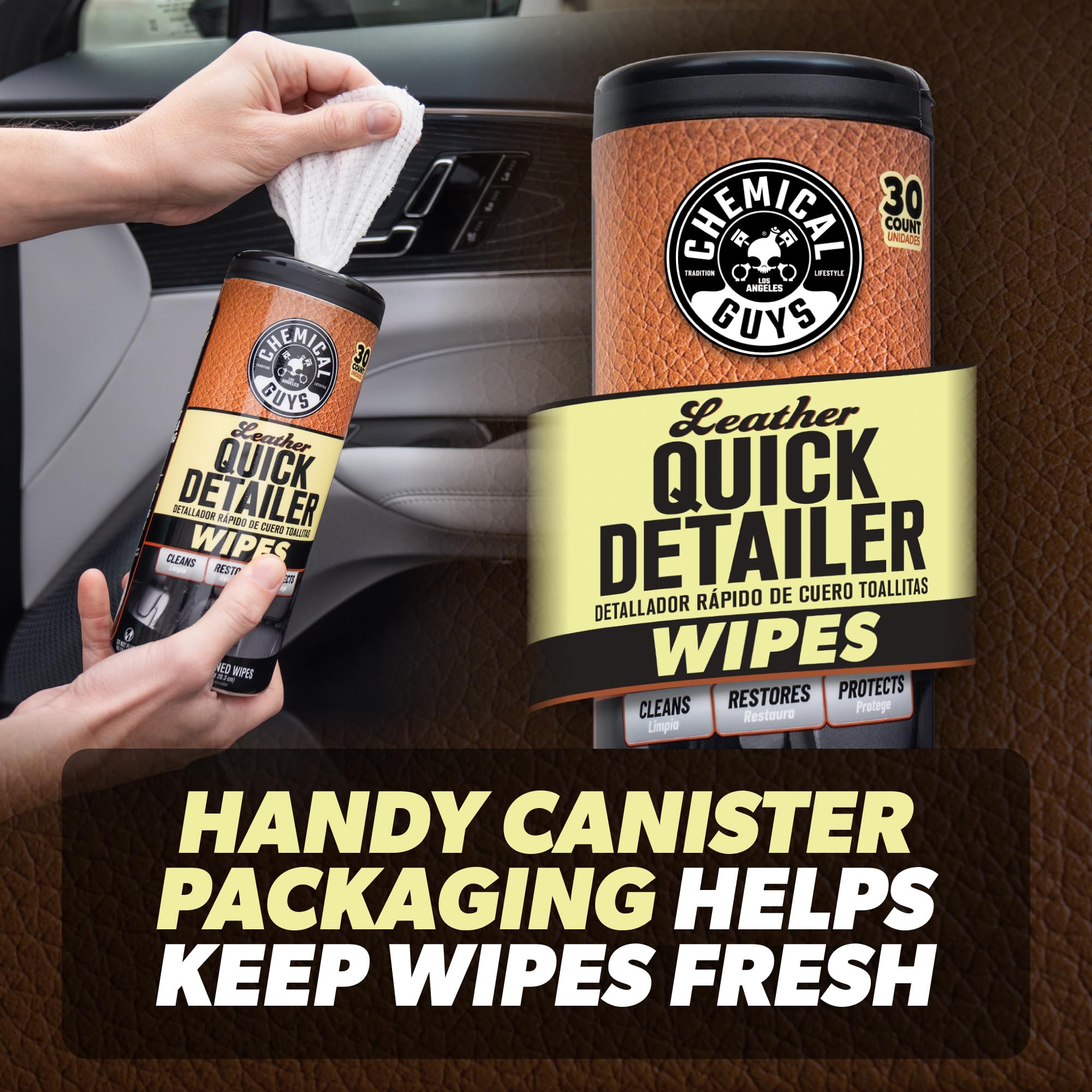 Chemical Guys Leather Quick Detailer Wipes ideal for interiors and bags
