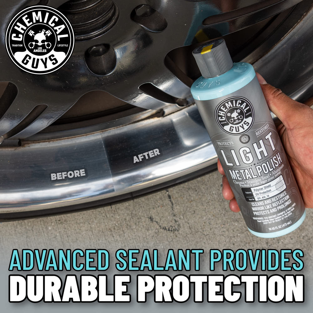 Chemical Guys Light Metal Polish cleans grime and oxidation while maintaining shine