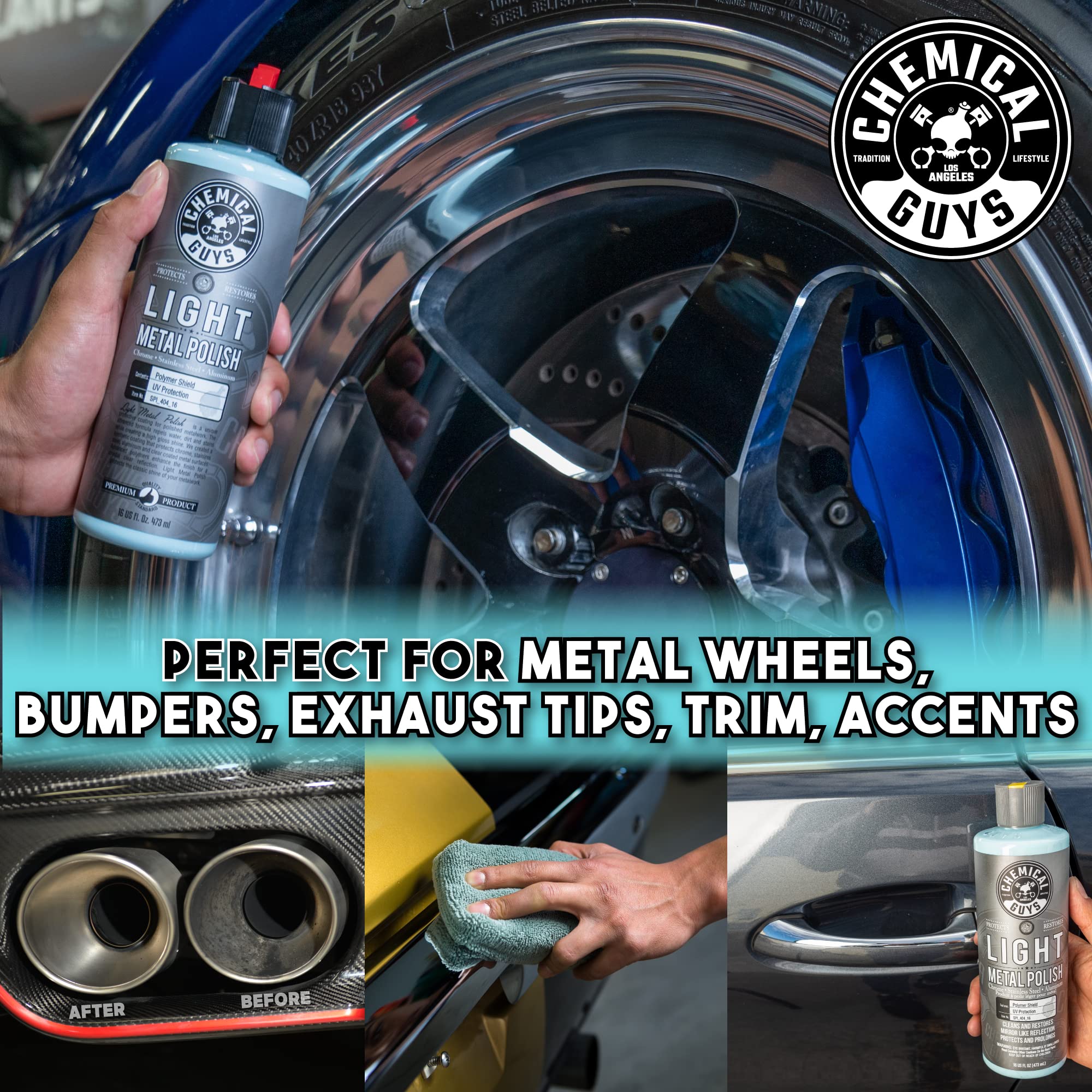 Chemical Guys Light Metal Polish delivers a mirror finish on multiple metals in one step