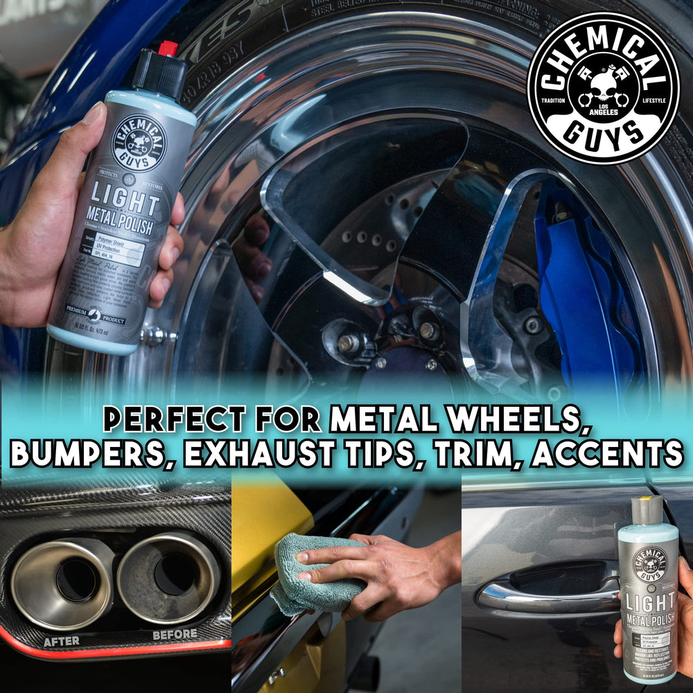 Chemical Guys Light Metal Polish delivers a mirror finish on multiple metals in one step