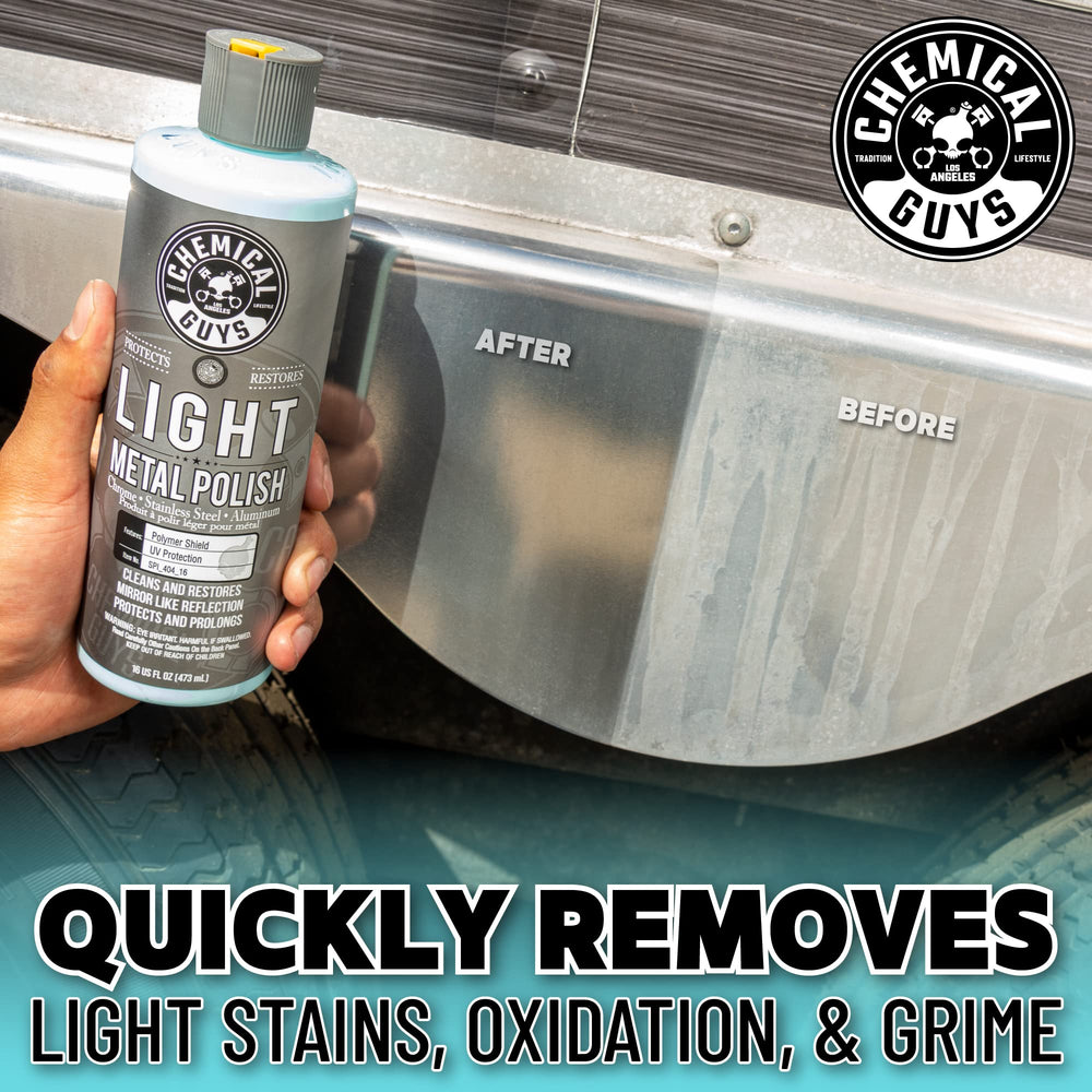 Chemical Guys Light Metal Polish enhances stainless steel with durable gloss
