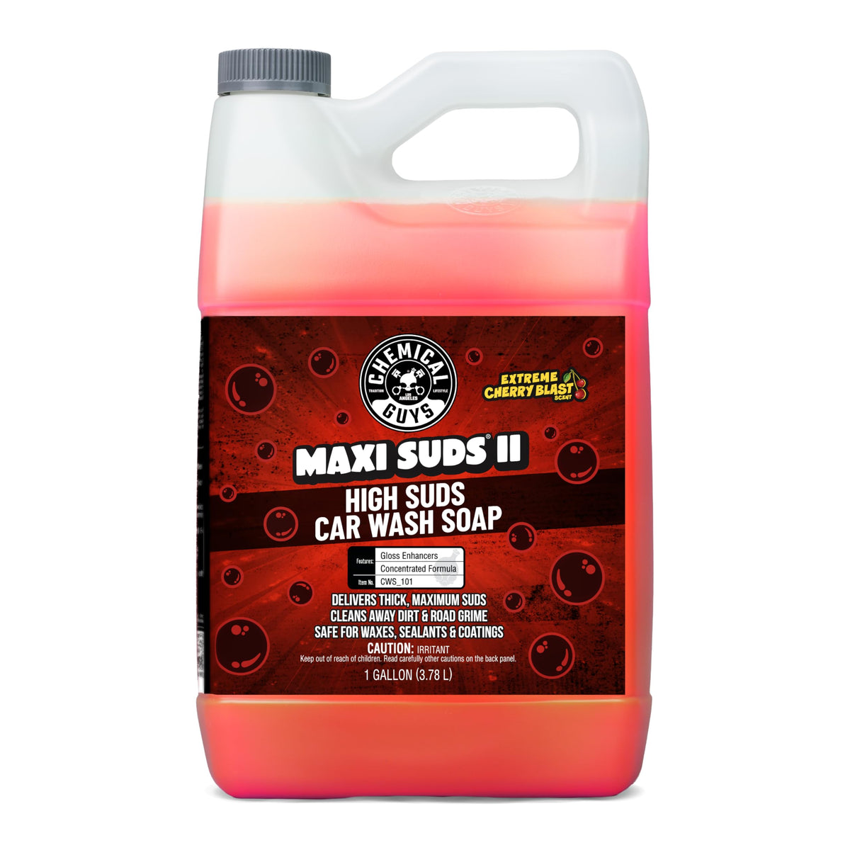 Chemical Guys Maxi-Suds II Cherry bottle ready for foamy car washes.