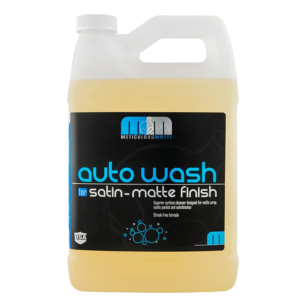 Chemical Guys Meticulous Matte bottle pour demonstrates a matte-safe wash for satin finishes