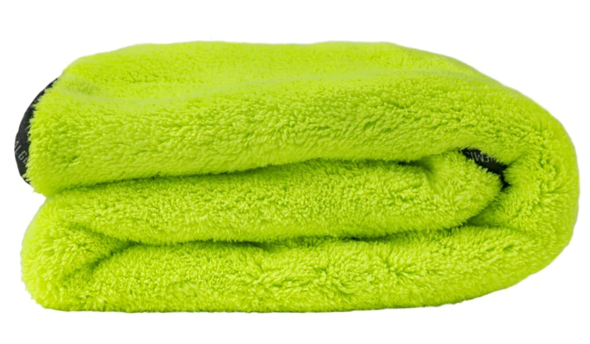 Chemical Guys MIC530 Speed Woolly Mammoth drying towel in neon green for fast, streak-free drying.