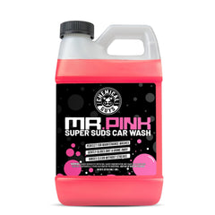 Chemical Guys Mr. Pink car wash soap bottle beside foam cannon setup, ready for use