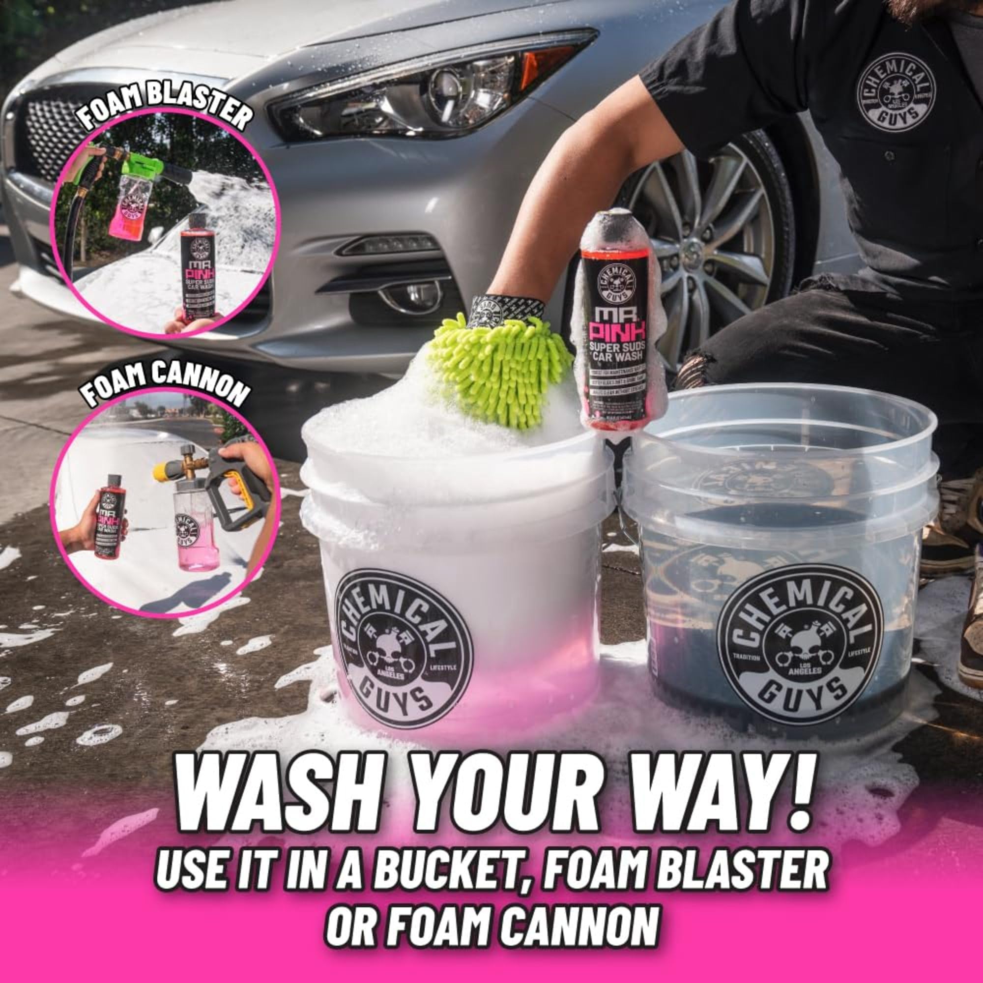 Chemical Guys Mr. Pink foam cannon-ready image highlights large 128 oz value.