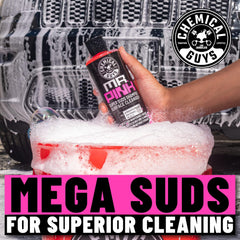 Close-up of thick pink suds representing Mr. Pink foaming action