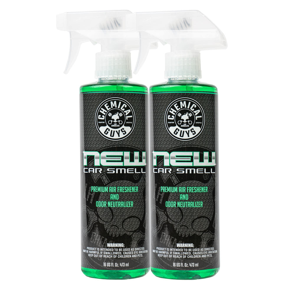 Chemical Guys New Car Smell bottle showcases the premium air freshener for long-lasting interior freshness.