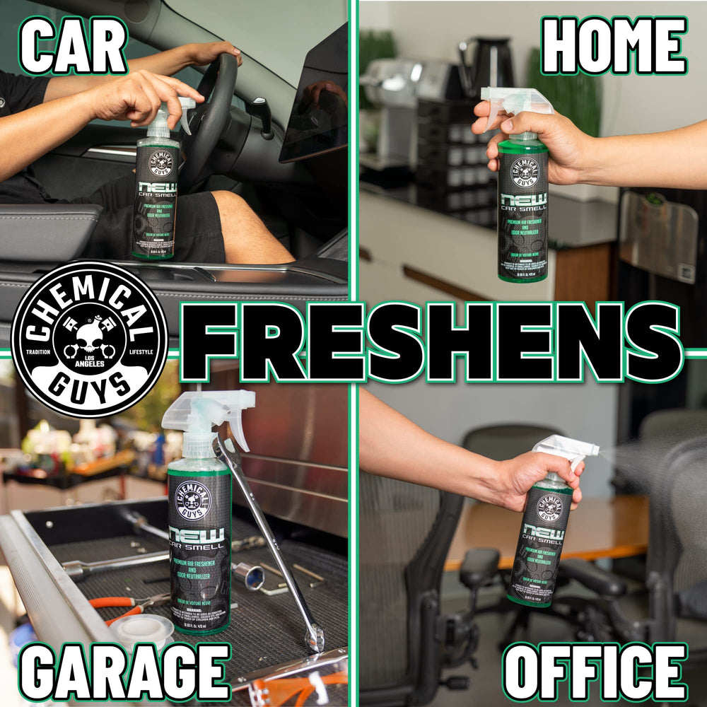 Chemical Guys New Car Smell label highlights safe interior use on fabrics and upholstery.