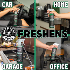 Chemical Guys New Car Smell label highlights safe interior use on fabrics and upholstery.