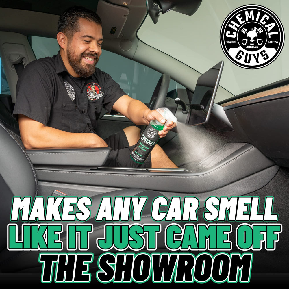 Chemical Guys New Car Smell air freshener spray demonstrates adjustable strength for customized scent levels.