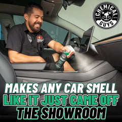Chemical Guys New Car Smell air freshener spray demonstrates adjustable strength for customized scent levels.