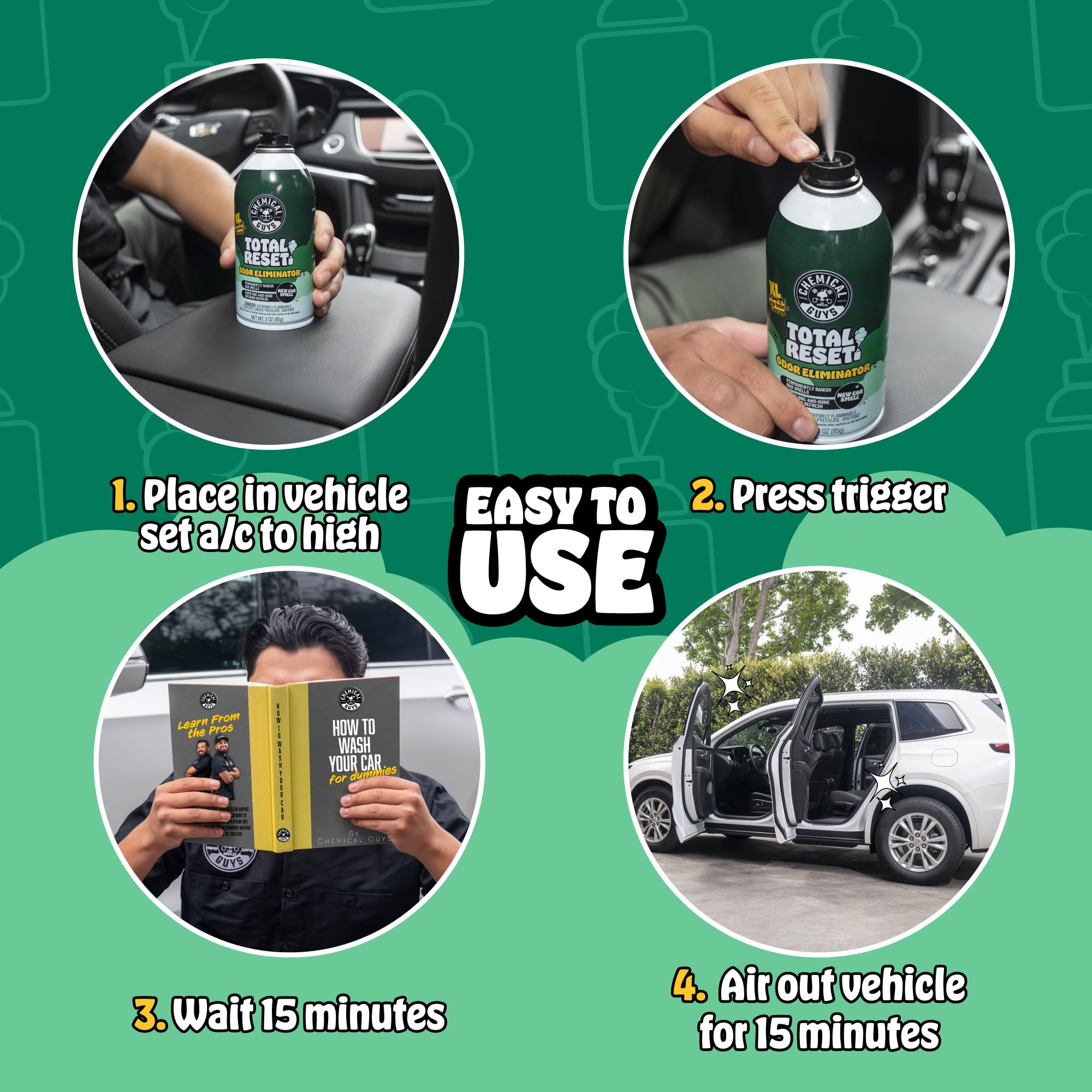 Pet odor removal in car interior using Chemical Guys fogger set.